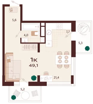 Планировка 1-комн. квартира, 49.1 м² ЖК «Роялта»