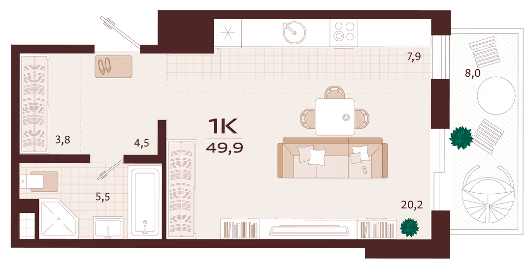 Планировка 1-комн. квартира, 49.9 м² ЖК «Роялта»
