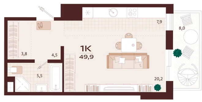 Планировка 1-комн. квартира, 49.9 м² ЖК «Роялта» Планировка 1-комн. квартира, 49.9 м² ЖК «Роялта»