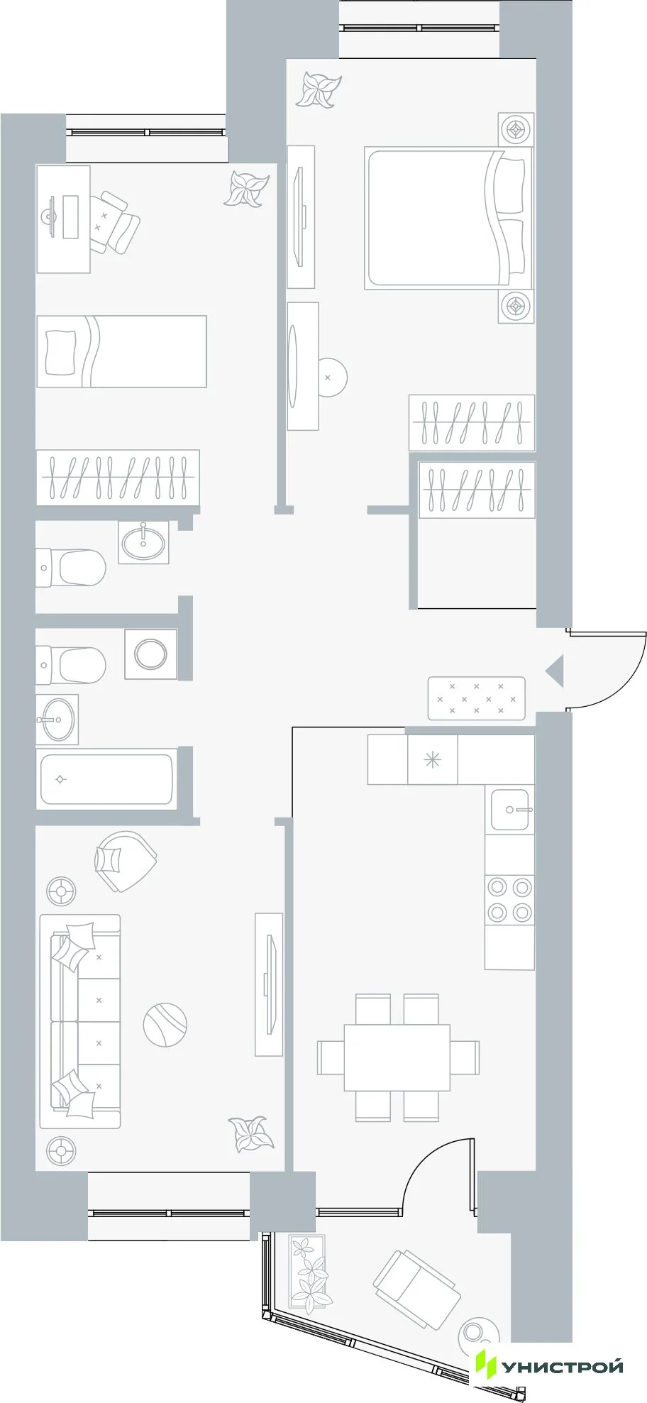 Планировка 3-комн. квартира, 75.61 м² ЖК «Причал»