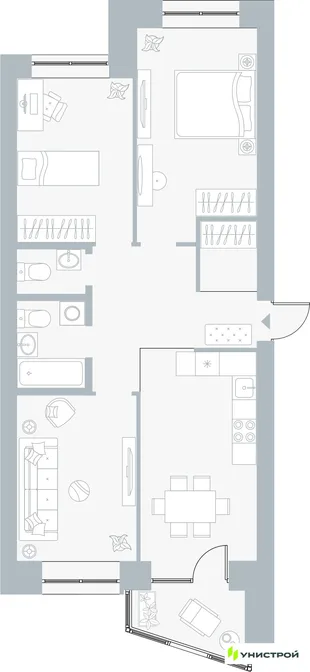 Планировка 3-комн. квартира, 75.61 м² ЖК «Причал»
