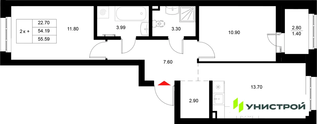 Планировка 2-комн. квартира, 55.59 м² ЖК «Уникод на Технической»