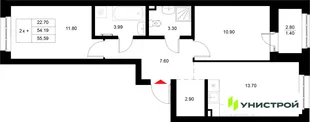 Планировка 2-комн. квартира, 55.59 м² ЖК «Уникод на Технической»