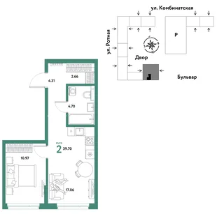 Планировка 2-комн. квартира, 39.7 м² ЖК «Уральский сад»
