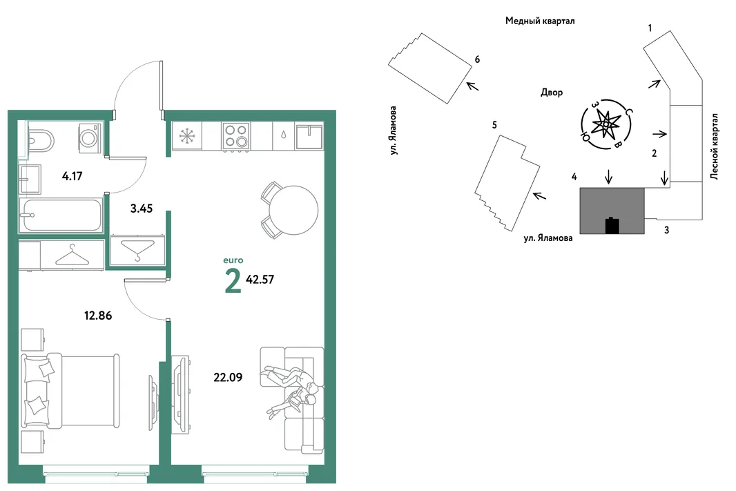 Планировка 2-комн. квартира, 42.57 м² ЖК «Сибирский сад»
