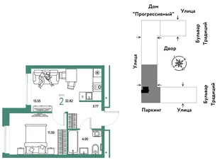 Планировка 2-комн. квартира, 32.82 м² ЖК «Микрорайон Домашний»