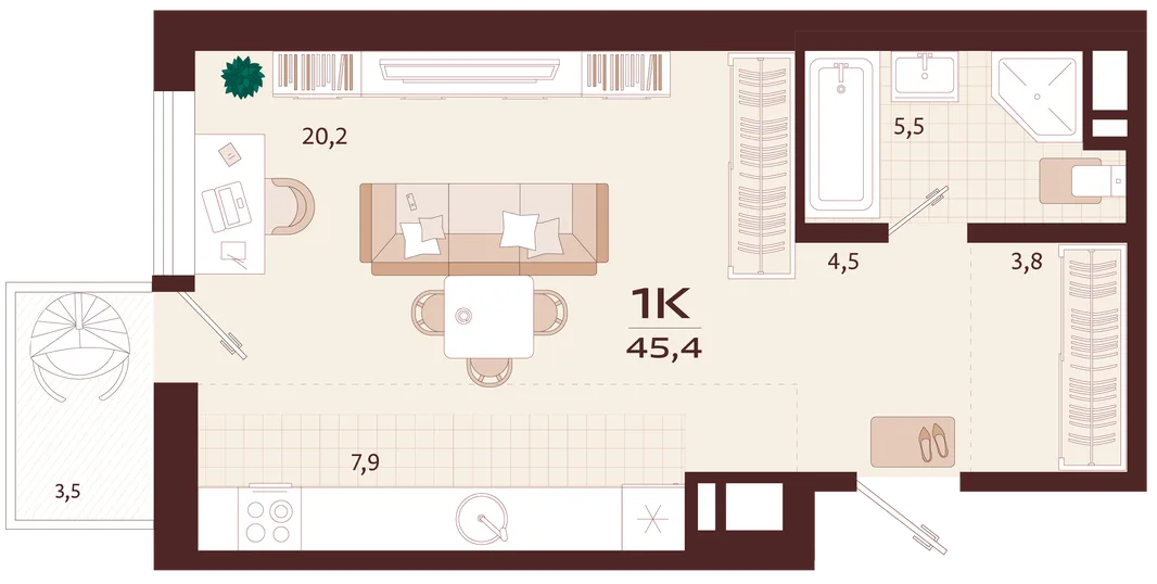 Планировка 1-комн. квартира, 45.4 м² ЖК «Роялта»