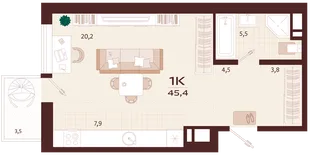 Планировка 1-комн. квартира, 45.4 м² ЖК «Роялта»