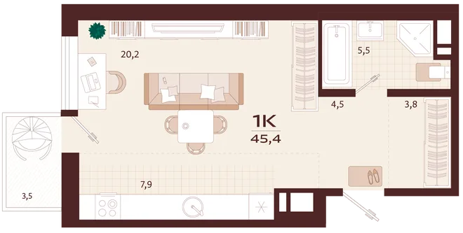 Планировка 1-комн. квартира, 45.4 м² ЖК «Роялта» Планировка 1-комн. квартира, 45.4 м² ЖК «Роялта»