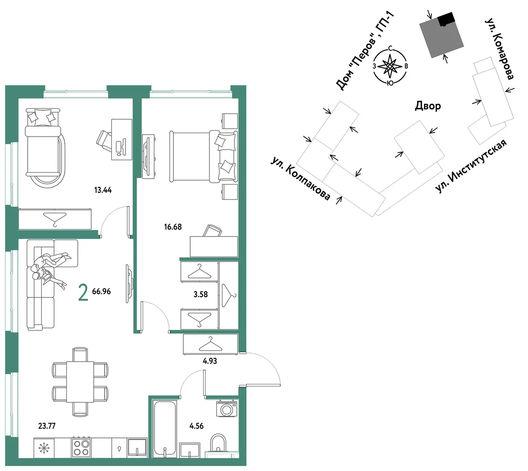 Планировка 2-комн. квартира, 66.96 м² ЖК «Страна.Парковая»