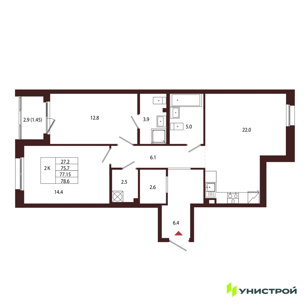 Планировка 2-комн. квартира, 77.15 м² ЖК «Лисино»