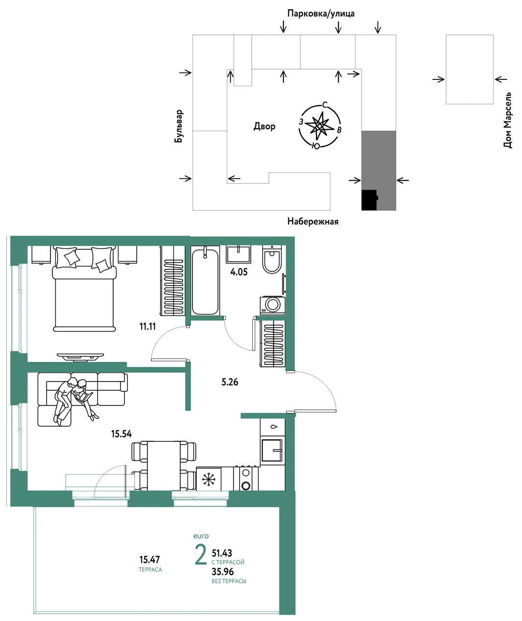 Планировка 2-комн. квартира, 51.43 м² ЖК «Европейский берег 2.0»