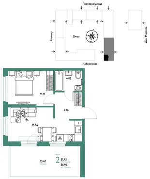 Планировка 2-комн. квартира, 51.43 м² ЖК «Европейский берег 2.0»