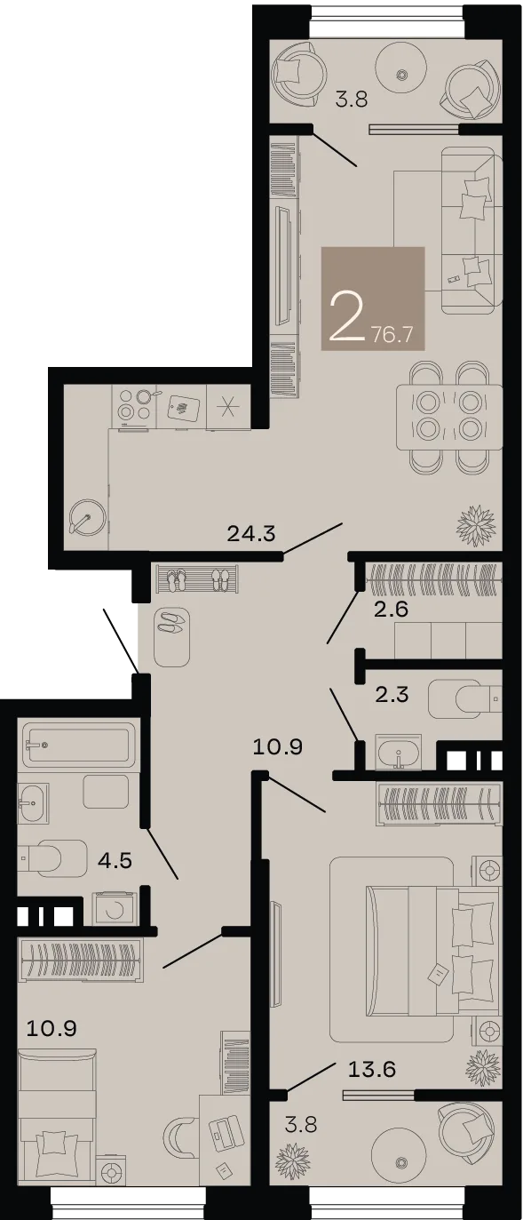 Планировка 2-комн. квартира, 76.7 м² ЖК «Хозяин морей»