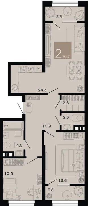 Планировка 2-комн. квартира, 76.7 м² ЖК «Хозяин морей»