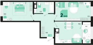 Планировка 2-комн. квартира, 64.5 м² ЖК «Первое место»