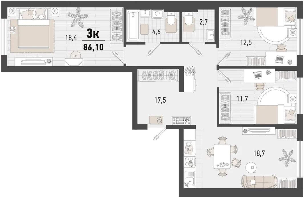 Планировка 3-комн. квартира, 86.1 м² ЖК «Барса»