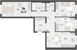 Планировка 3-комн. квартира, 86.1 м² ЖК «Барса»