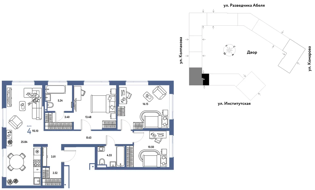 Планировка 4-комн. квартира, 93.1 м² ЖК «Страна.Парковая»