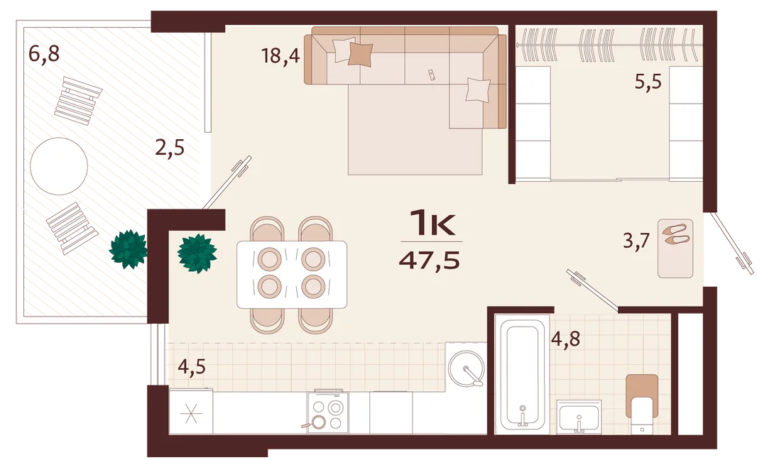 Планировка 1-комн. квартира, 47.5 м² ЖК «Роялта»