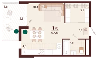 Планировка 1-комн. квартира, 47.5 м² ЖК «Роялта»