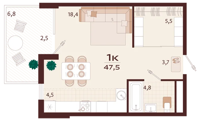Планировка 1-комн. квартира, 47.5 м² ЖК «Роялта» Планировка 1-комн. квартира, 47.5 м² ЖК «Роялта»