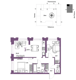 Планировка 3-комн. квартира, 55.78 м² ЖК «Европейский берег 2.0»
