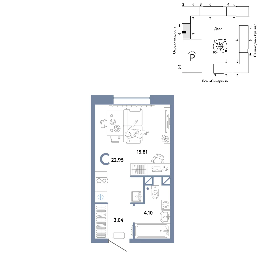 Планировка Студия, 22.95 м² ЖК «Юнион»