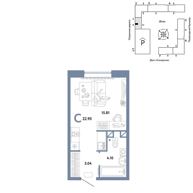 Планировка Студия, 22.95 м² ЖК «Юнион»