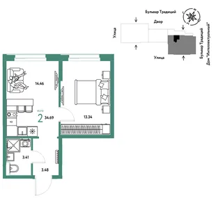 Планировка 2-комн. квартира, 34.69 м² ЖК «Микрорайон Домашний»
