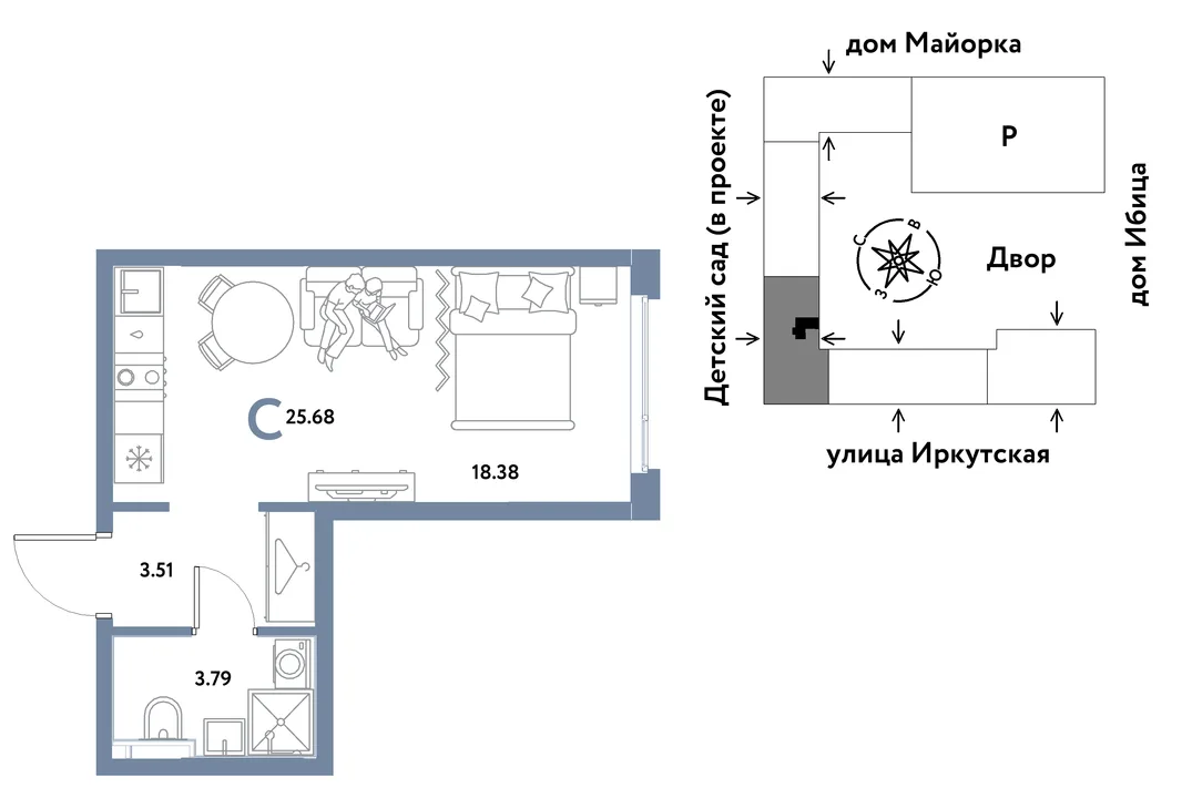 Планировка Студия, 25.68 м² ЖК «Остров-сад»