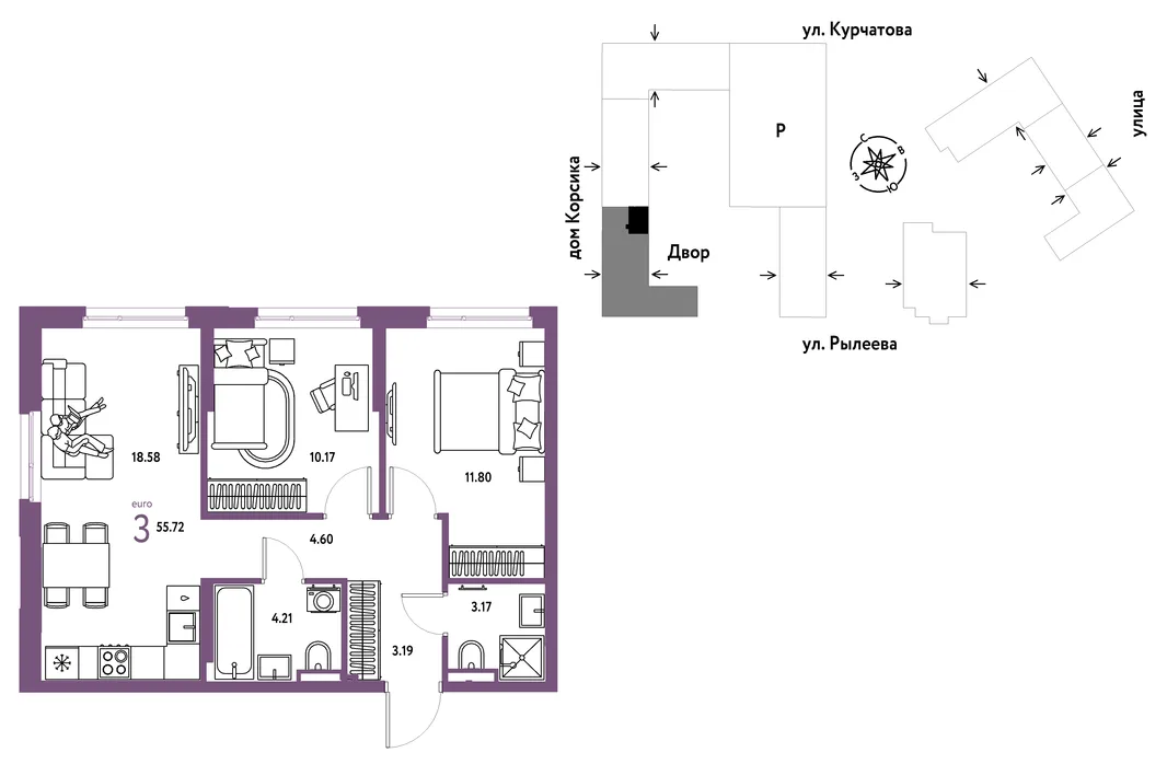 Планировка 3-комн. квартира, 55.72 м² ЖК «Остров-сад»