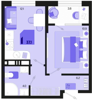 Планировка 1-комн. квартира, 37.1 м² ЖК «Первое место»