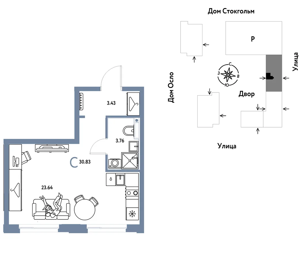 Планировка Студия, 30.83 м² ЖК «Европейский берег 2.0»