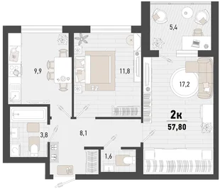 Планировка 2-комн. квартира, 57.8 м² ЖК «Барса»