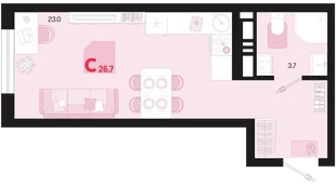 Планировка Студия, 26.7 м² ЖК «Первое место»