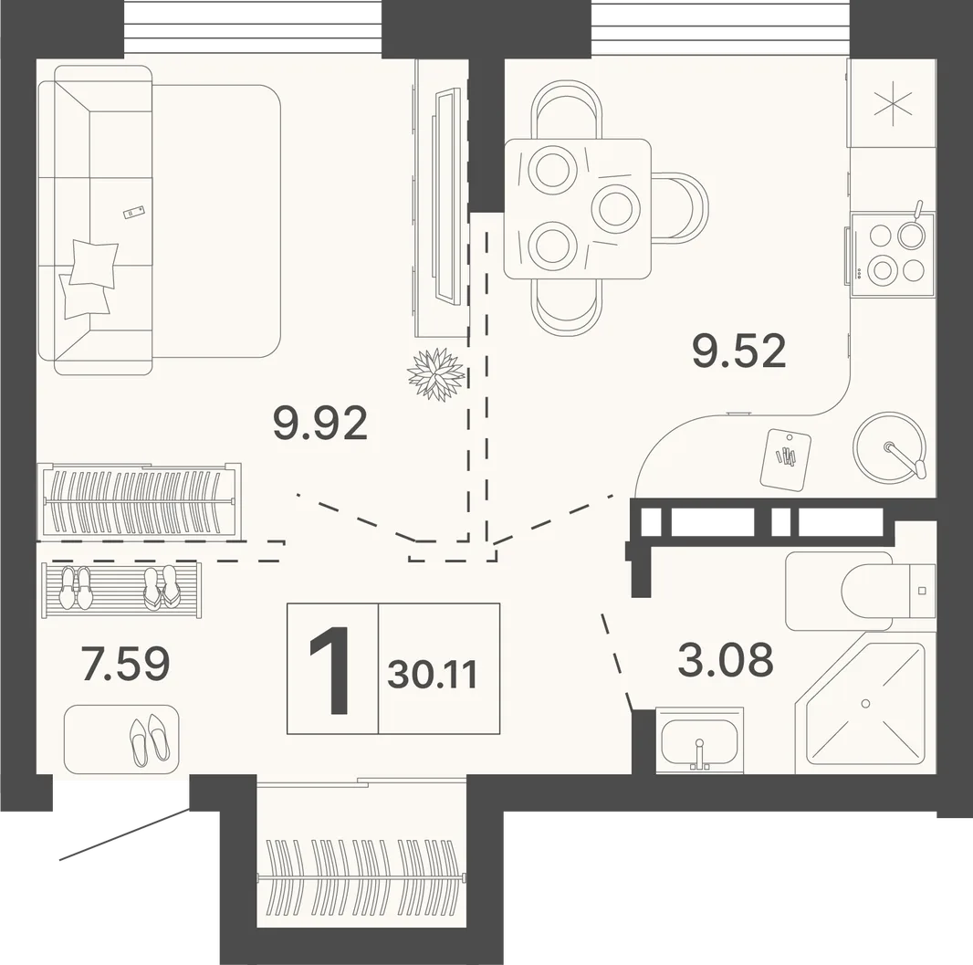 Планировка 1-комн. квартира, 30.11 м² ЖК «Светский лес»