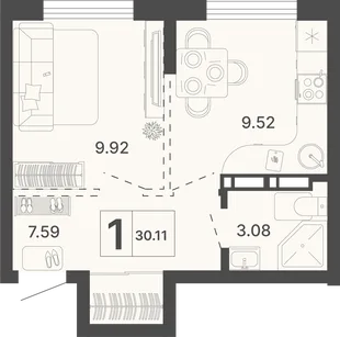 Планировка 1-комн. квартира, 30.11 м² ЖК «Светский лес»