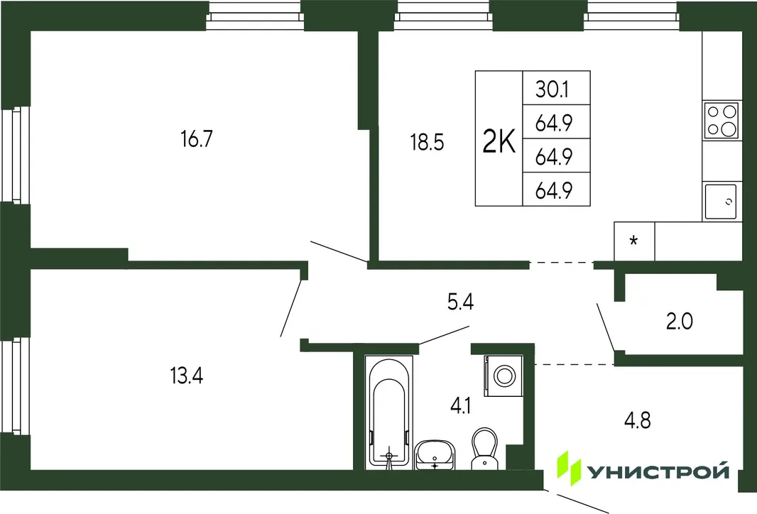 Планировка 2-комн. квартира, 64.9 м² ЖК «Парковый квартал 2.0»