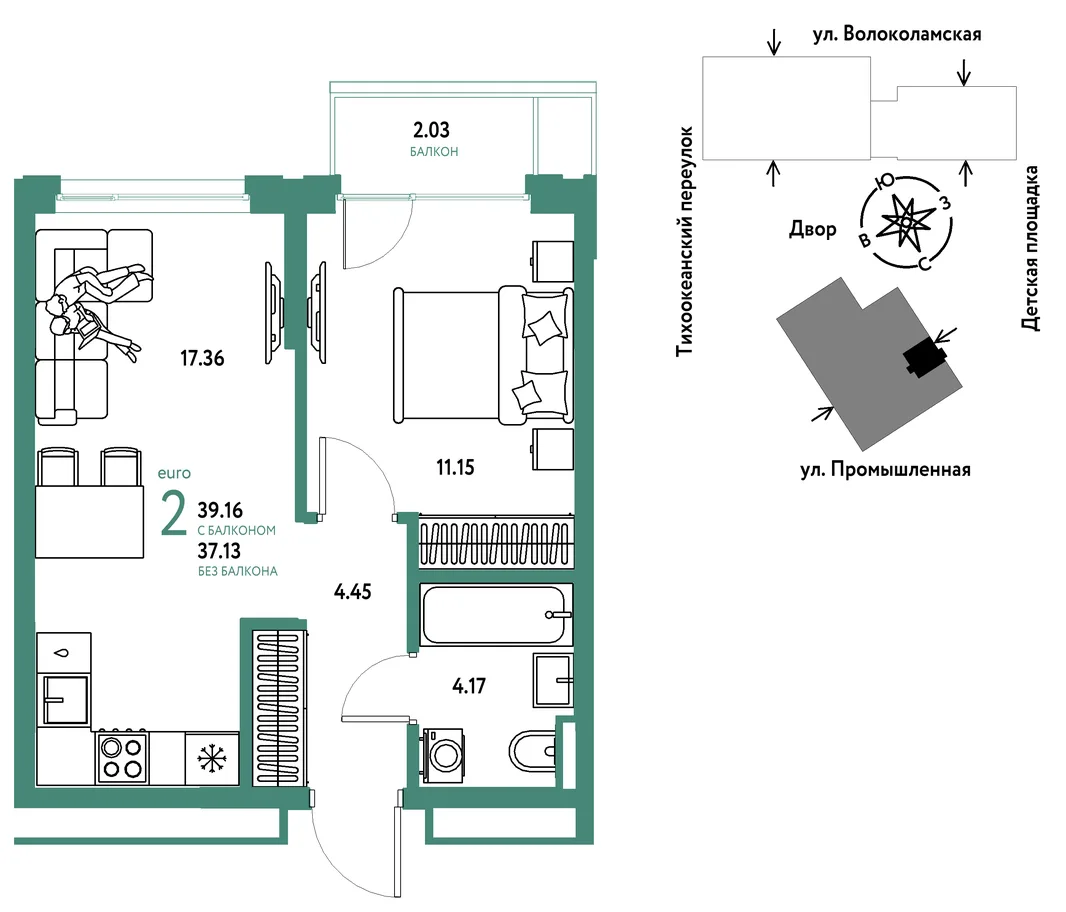 Планировка 2-комн. квартира, 39.16 м² ЖК «Страна Прибрежная»