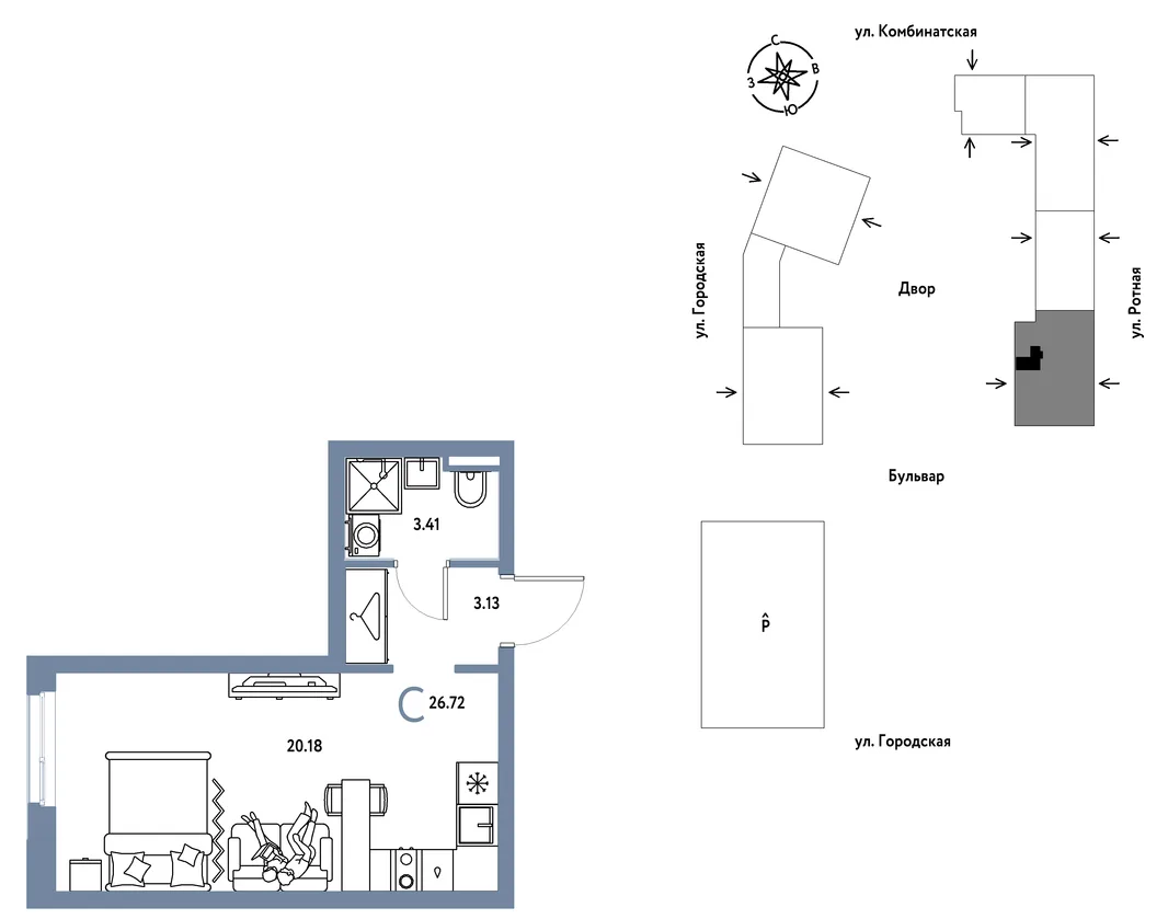 Планировка Студия, 26.72 м² ЖК «Уральский сад»