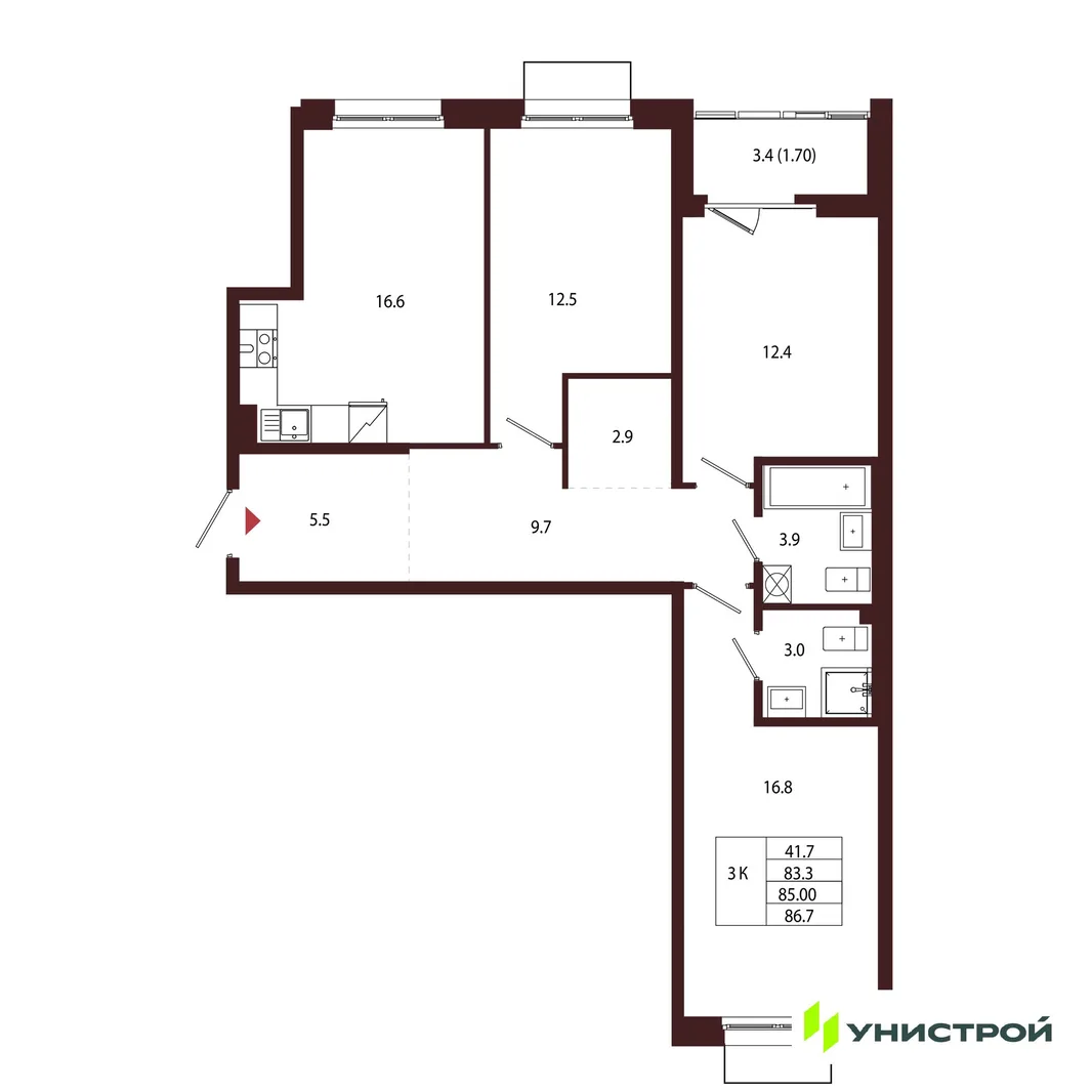 Планировка 3-комн. квартира, 85 м² ЖК «Лисино»