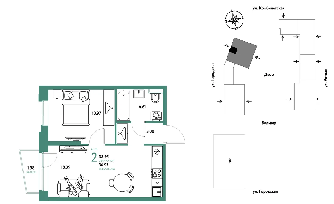 Планировка 2-комн. квартира, 38.95 м² ЖК «Уральский сад»