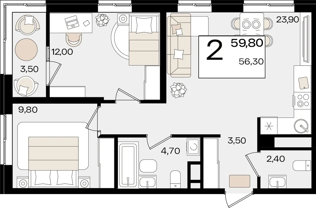 Планировка 2-комн. квартира, 59.8 м² ЖК «Патрики»