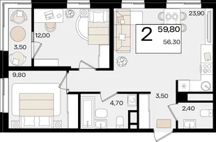 Планировка 2-комн. квартира, 59.8 м² ЖК «Патрики»