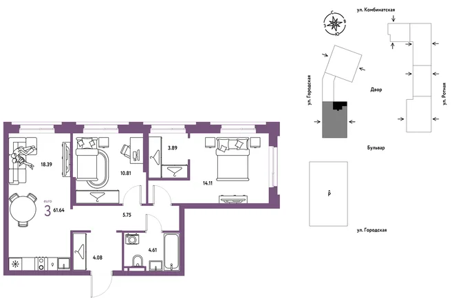Планировка 3-комн. квартира, 61.64 м² ЖК «Уральский сад» Планировка 3-комн. квартира, 61.64 м² ЖК «Уральский сад»