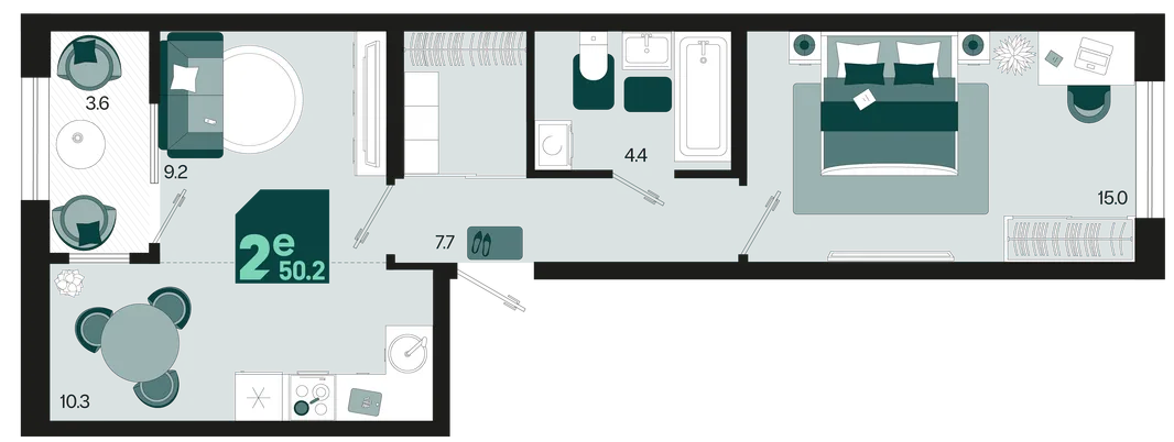 Планировка 2-комн. квартира, 50.2 м² ЖК «Первое место»