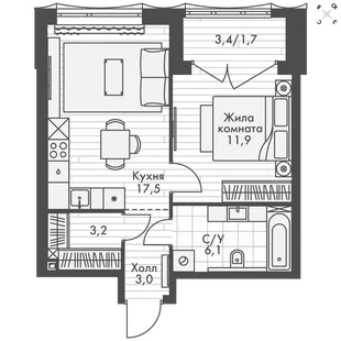 Квартира 1-комн. квартира, 43.4 м² ЖК «Фордевинд» Фото 1 Квартира 1-комн. квартира, 43.4 м² ЖК «Фордевинд» Фото 1
