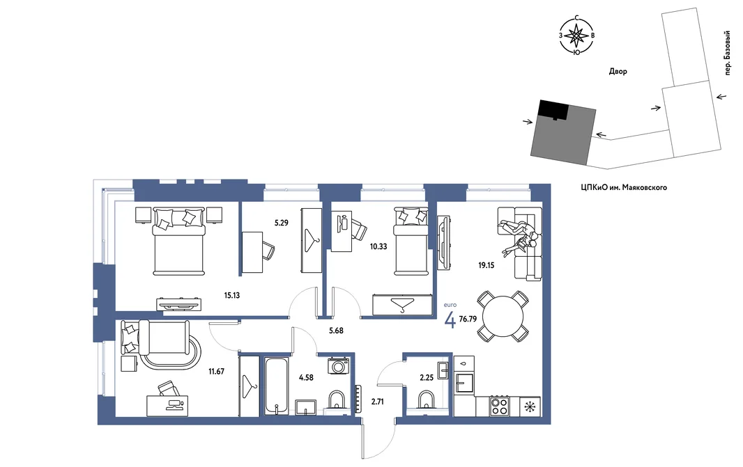 Планировка 4-комн. квартира, 76.79 м² ЖК «Сибирский сад»