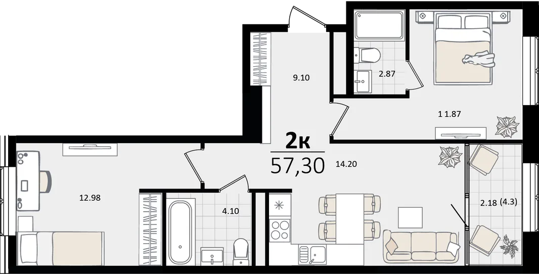 Планировка 2-комн. квартира, 57.3 м² ЖК «Патрики»